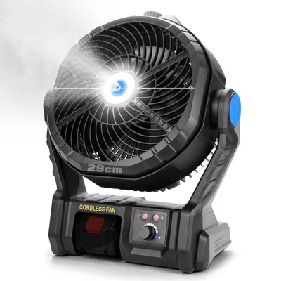 Image de Ventilateur de sol LED avec crochet | 4 vitesses | 18 m³/min | 4500 tr/min | 29 cm | Ventilateur de sol compatible avec les batteries Makita 18V, idéal pour les ateliers, les tentes, les chantiers