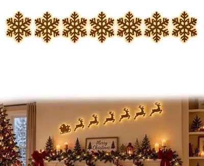 Produktbild von LED-Weihnachtsdeko - 7-teiliges Weihnachtsmann- und Rentierset - Holz - Warmweißes Licht - 3D - Wanddekoration - Pflaumenfarben