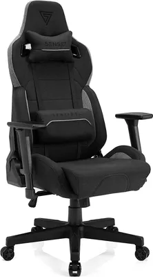 A black and gray gaming chair is shown from a front-side angle against a white background.