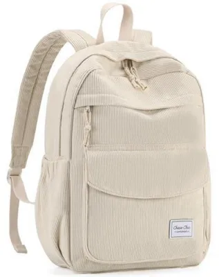 Productafbeelding van Rugtas voor meisjes, corduroy, beige, 16,7 liter, met laptopvak voor 15,6 inch laptops