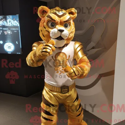 Produktbild von Maskottchen REDBROKOLY eines goldenen Tigers mit Bodysuit und Digitaluhren