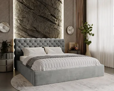 Obrázek produktu pro Čalouněná postel Chesterfield 160x200 cm Ali – manželská postel s úložným prostorem, rošt – samet, glamour – šedá