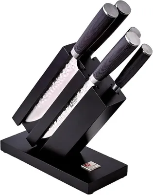 Imagen del producto de Bloque de cuchillos con juego de cuchillos, de 5 piezas | Bloque de cuchillos , con mango de madera Pakka | Juego de cuchillos con bloque | Cuchillas con diseño de martillado, color