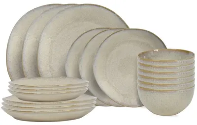 Immagine prodotto di Set di stoviglie Cookinglife, colore beige lino, 18 pezzi / 6 persone - composto da: 6 piatti piani, 6 piatti da colazione e 6 ciotole