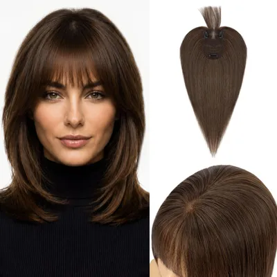 Image de Postiche en cheveux naturels avec frange, en brun foncé