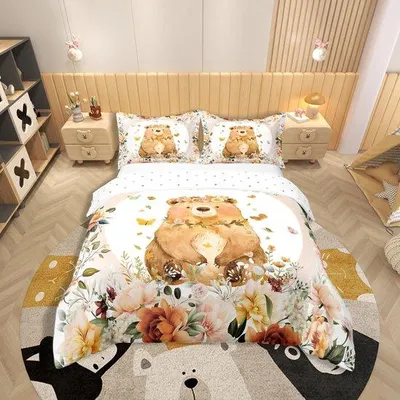 Produktbild von Kinder Bettwäsche-Set mit lustigen Tieren und Blumenmuster aus Baumwolle