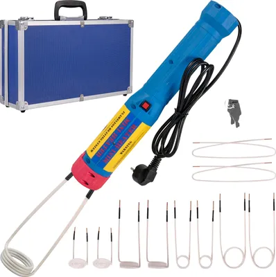 A product shot of an induction heater and its accessories, along with a carrying case.