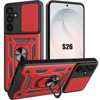 Image de Coque pour Samsung Galaxy S26, Protection Résistante avec Anneau et Cache Caméra Coulissant Rouge