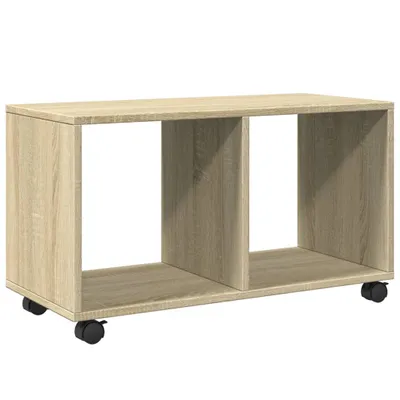 A product shot of a wooden storage unit with wheels.