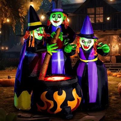 Obrázok produktu pre Nafukovateľná Halloween dekorácia: 3 čarodejnice okolo kotla s plamenným svetlom – LED dekorácia vhodná na vnútorné aj vonkajšie použitie