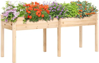 Image de COSTWAY Lit surélevé en bois, Lit de jardin surélevé, bac à plantes avec paroi de séparation & trous de drainage, Lit de légumes, lit de plantes, lit d'herbes aromatiques 184x58x77 cm Naturel