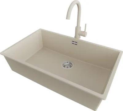 Produktbild von PRIMAGRAN Unterbauspüle Granit Beige 76x47cm, Spülbecken 1 Becken + Küchenarmatur 32x20cm + Ablauf-Set, Granitspüle ab 80er Unterschrank - London