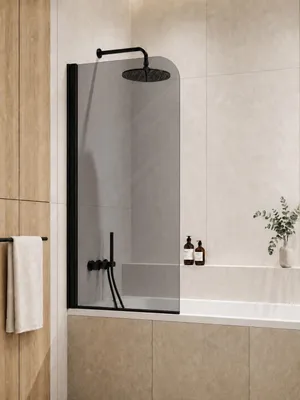 Produktbild von Badplaats Duschwand für Badewanne Torino 60 x 140 cm Schwarz - Drehbare Duschtrennwand mit 5 mm ESG Rauchglas, Nano-Beschichtung