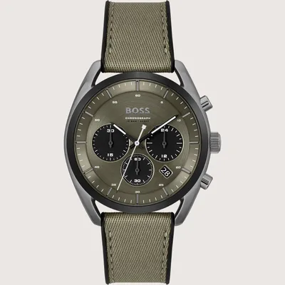 A Hugo Boss chronograph watch with a green dial and strap.