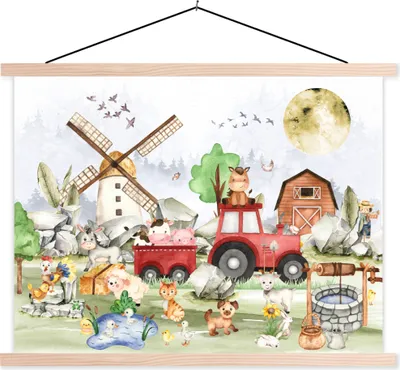 Produktbild von MuchoWow® Textilposter Bauernhof - Traktor - Kinder - Tiere 150x113 cm mit holzfarbenen Rahmen - Poster