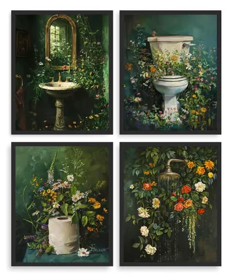 4er-Set Badezimmer Canvas-Poster 20x25 cm, Blumenmotiv, ungerahmt