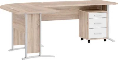 A light wood and white corner desk with a rolling three-drawer cabinet.