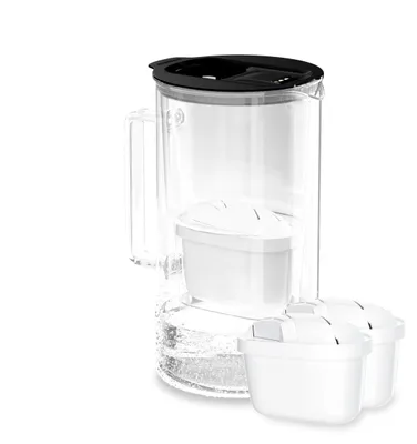 Wasserfilterkanne aus Glas, 2 l, mit LED-Indikator, 2 Filter, schwarz