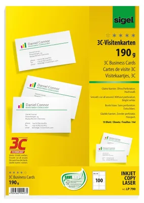 Produktbild von SIGEL LP790 Visitenkarten, 3C, glatter Schnitt rundum, 190 g/m², hochweiß, 100 Stück