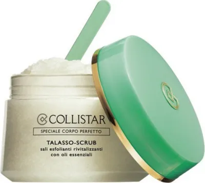 A jar of Collistar Talasso-Scrub with its lid open and a spatula inside.