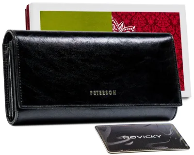 A black leather wallet is displayed in front of a decorative box.