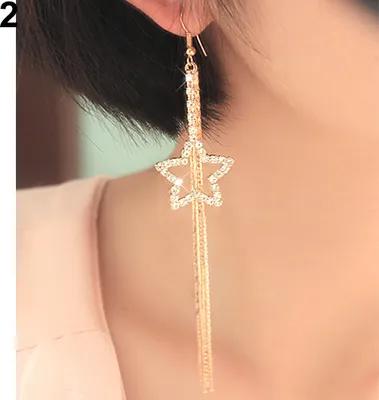 Produktbild von Damen-Ohrringe mit Strass-Pentagramm und Stern-Tropfen, lange Quasten, Kettenhaken, baumelnde lineare Ohrringe-Golden