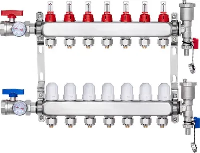 Immagine prodotto di Collettore di circuiti di riscaldamento per il riscaldamento a pavimento - 7 circuiti di riscaldamento - Indicatore di portata 5L/min - Controllo efficiente della temperatura