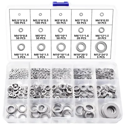 Produktbild von Set mit 565 flachen Edelstahlringen in den Größen M2, M2,5, M3, M4, M5, M6, M8, M10 und M12, verschiedene Metallringe, Sortiment flacher Ringe