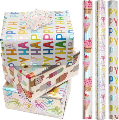Obrázok produktu pre Darčekový baliaci papier 3 rolky, 70 cm x 200 cm, viacfarebný, pre narodeninové darčeky