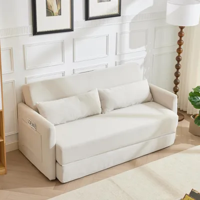 Obrázek produktu pro MODFU Modulární sofa, Relaxační křeslo s dvěma bederními polštáři, dvoumístné sofa, 2-v-1 skládací pohovka, obývací sofa s kapsami na časopisy, béžová