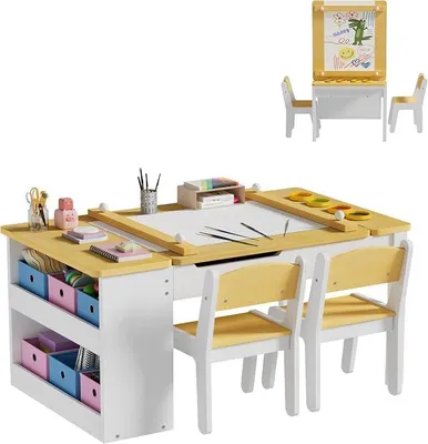 Imagen del producto de Mesa infantil con espacio de almacenamiento y 2 sillas, mesa de manualidades y mesa de estudio, mesa infantil con superficie inclinable, conjunto de asientos para niños, juego de muebles infantiles de madera, mesa para pintar, mesa para niños, 104 * 60 * 53 cm