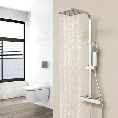 Produktbild von Duschsystem mit Thermostat 38℃ Duscharmatur Chrom Regendusche Duschset Dusche inkl. Regal verstellbarer Edelstahl Duschstange Duschset
