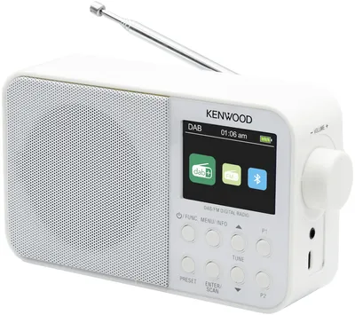 A white Kenwood DAB+ radio is shown against a white background.