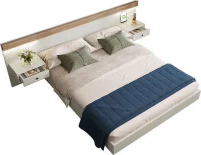 Produktbild von Doppelbett Bettanlage mit 2 LED Nachtkommoden& USB C Steckdose,Holzbett mit 2 Nachttischen Schlafzimmer