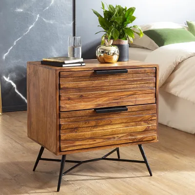 Produktbild von FineBuy Nachtkonsole Sheesham Massivholz mit 2 Schubladen – Nachttisch im Industrial Design mit Metallbeinen, Nachtkästchen fürs Schlafzimmer