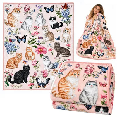 Productafbeelding van Deken met katten en bloemen en vlindersmotief Zacht Decoratief 150 X 200 Cm