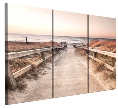 Produktbild von LUMASOUL Leinwand Bilder 90x60 cm, Leinwandbild Strand Motiv, Wandbilder Holzrahmen und Webstuhl Wohnzimmer und Schlafzimmer, 3 teilig Meerlandschaft 12