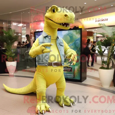 Immagine prodotto di Personaggio mascotte REDBROKOLY di un Iguanodonte Giallo Limone vestito con Jeans e Braccialetti