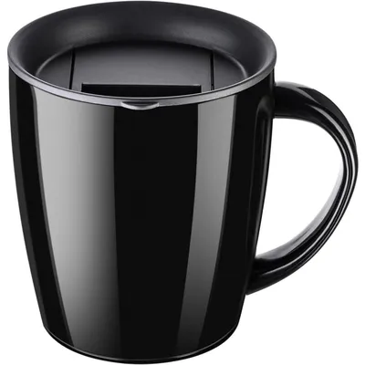 Immagine prodotto di Tazza termica in acciaio inossidabile da 350 ml con coperchio e manico, colore nero, a doppia parete, isolamento sottovuoto, ideale per viaggi e campeggio. Tazza isolata per caffè
