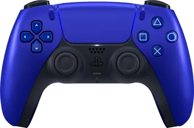 A blue and black PlayStation 5 DualSense wireless controller is shown against a white background.