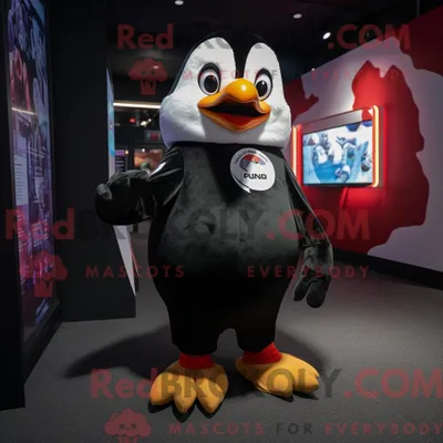 Produktbild von Pinguin-Maskottchen-Kostüm REDBROKOLY bekleidet mit T-Shirt mit V-Ausschnitt und Ringen