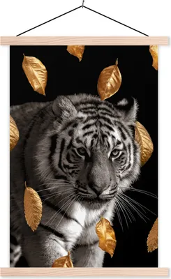 Produktbild von MuchoWow® Textilposter Tiger - Golden - Blätter 60x90 cm mit holzfarbenen Rahmen - Textil
