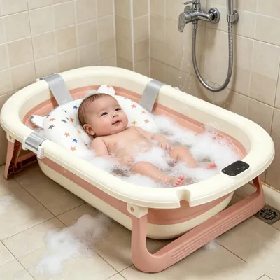 Produktbild von Faltbare Baby Badewanne,Babybadewanne mit Thermometer und Badematte Rutschfeste,XXL Babywanne Badebecken Duschwanne für Kleinkinder 0-3 Jahre(Rosa)