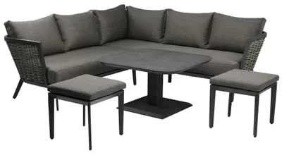 Immagine prodotto di Salotto da giardino VENTARO 7 posti in alluminio grigio con divano ad angolo, tavolo regolabile e pouf