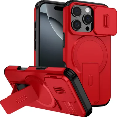 Image de Étui magnétique pour iPhone 16 Pro, étui durable double couche avec protection coulissante de l'appareil photo et support réglable Rouge