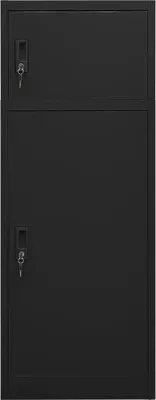 A black metal cabinet with two doors, each with a lock and key.