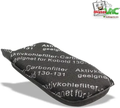 A close-up shot of a black carbon filter for a vacuum cleaner, with text printed on it, set against a white background. A logo for "MisterVac" is in the upper right corner.