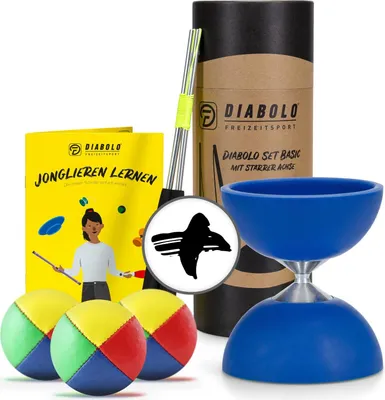 Produktbild von Diabolo Freizeitsport Jonglierset mit Diabolo Set Basic (blau) mit starrer Achse und Jonglierbälle 3er Set (vierfarbig), Ø 62mm, 100g pro Ball