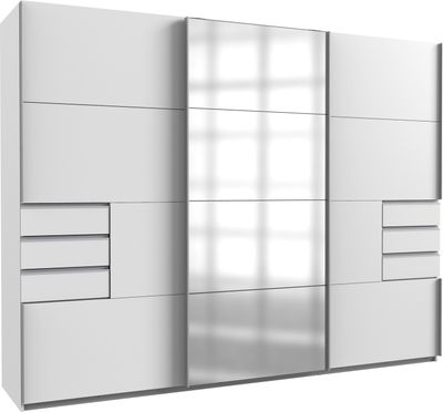 Schwebetürenschrank - 270 x 208 cm - 6 Schubladen - Weiß matt - mit Spiegel