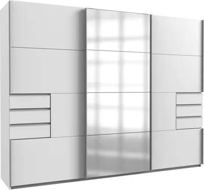 Produktbild von Schwebetürenschrank - 270 x 208 cm - 6 Schubladen - Weiß matt - mit Spiegel